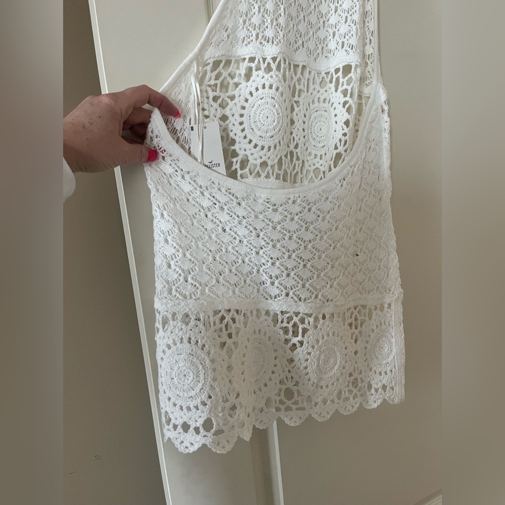 New! Hollister Swim Coverup White Crochet Backless with Neck Tie Size Small - Picture 10 of 12